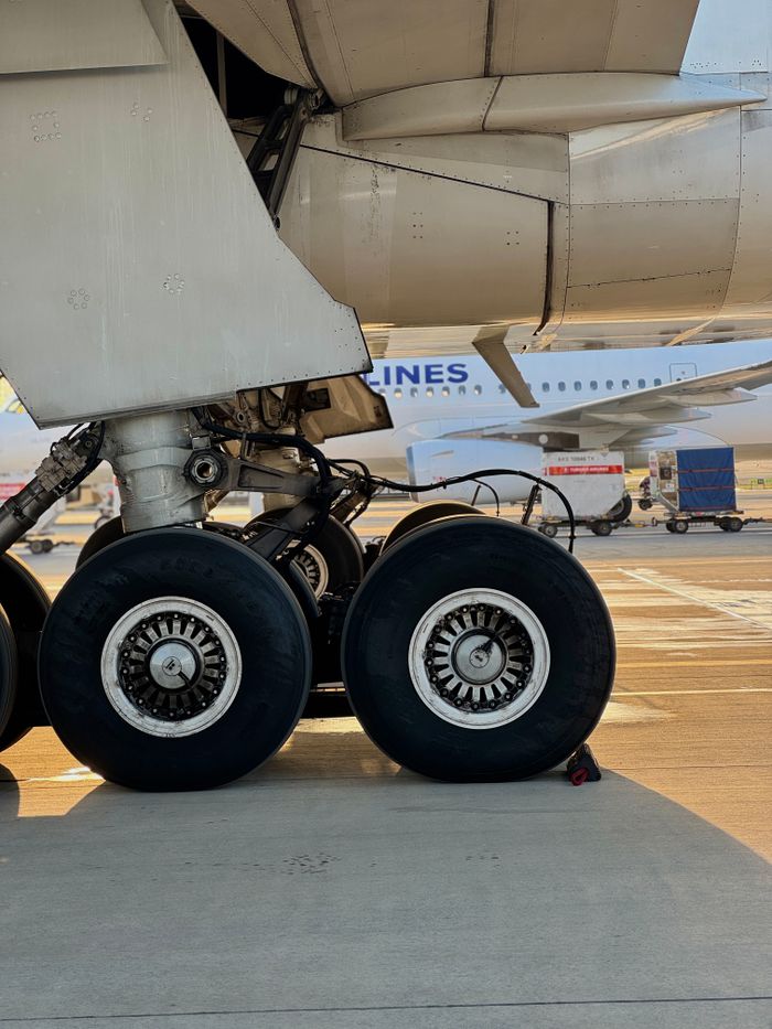 Detailed view of an airplane's landing gear on the tarmac of İzmir Airport during the day.